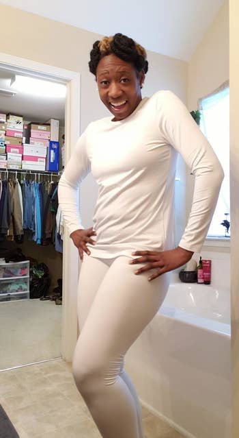 Reviewer wearing the white long underwear set
