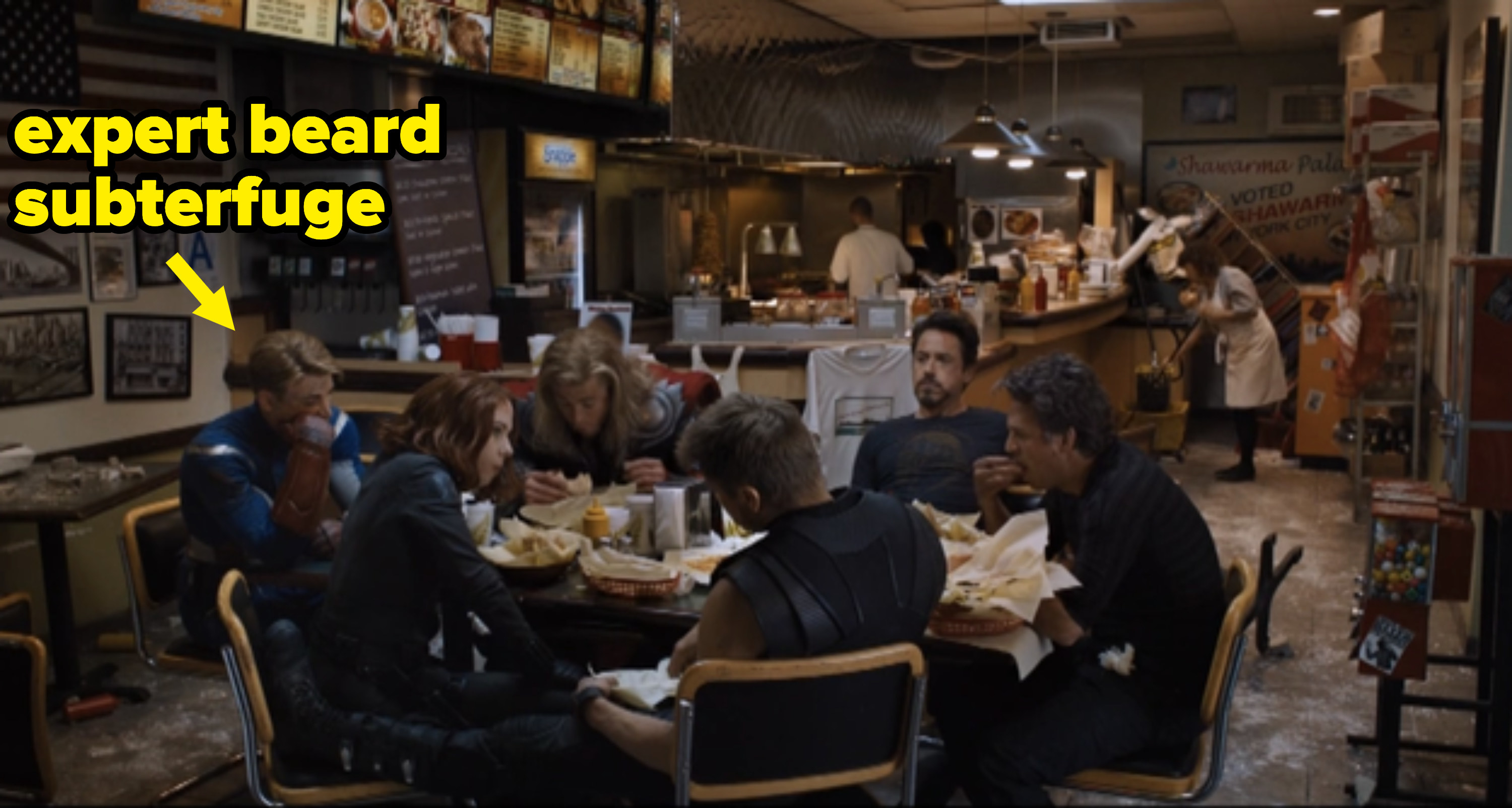 The Avengers eating, with Captain America&#x27;s position pointed out