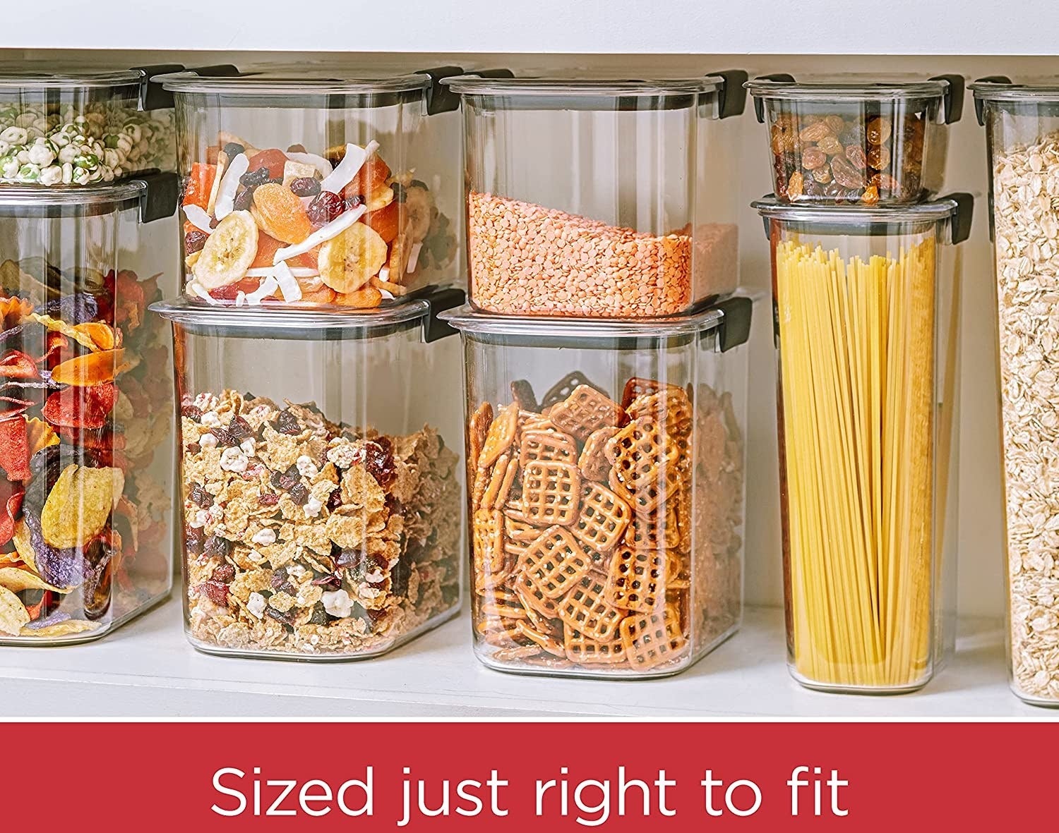 clear food storage containers filled with cereal, pasta, flour, and more