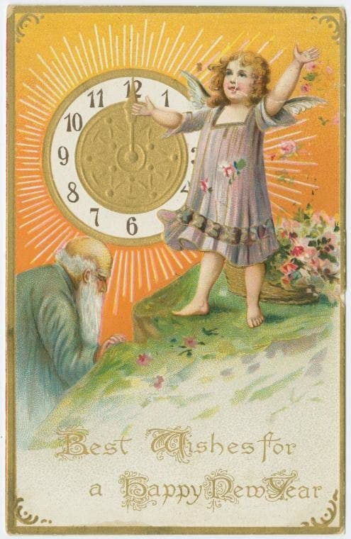 A postcard with a young angel and an old man that reads best wishes for a happy new year 