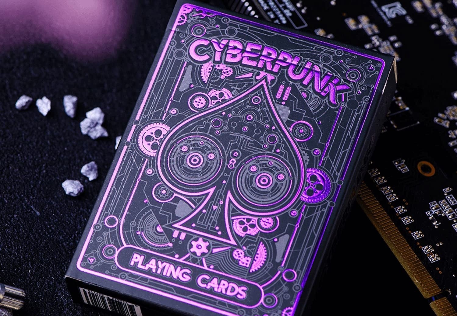 a deck of cards with a purple cyberpunk design on it