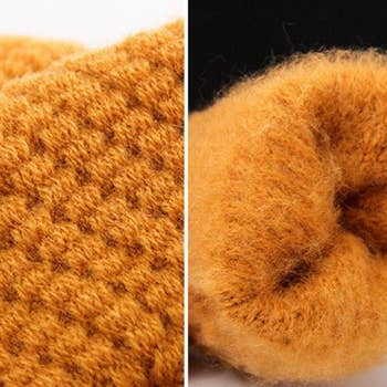 Two photos showing close-ups of the outer and inner textures of the gold gloves