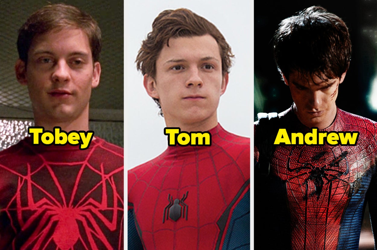 On the left, Tobey Maguire as Spider-Man, in the middle, Tom Holland as Spider-Man, and on the right, Andrew Garfield as Spider-Man