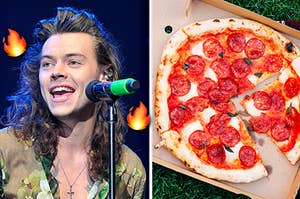 harry styles on the left and a pepperoni pizza on the right