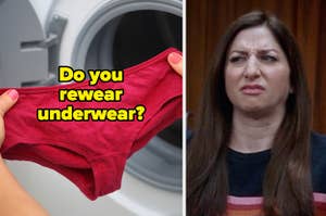 "do you rewear underwear?" over a pair about to get washed, next to cringing chelsea peretti
