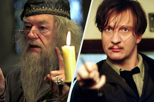 A close up of Albus Dumbledore as he stands next to a candle and a close up of Remus Lupin as he holds out his wand