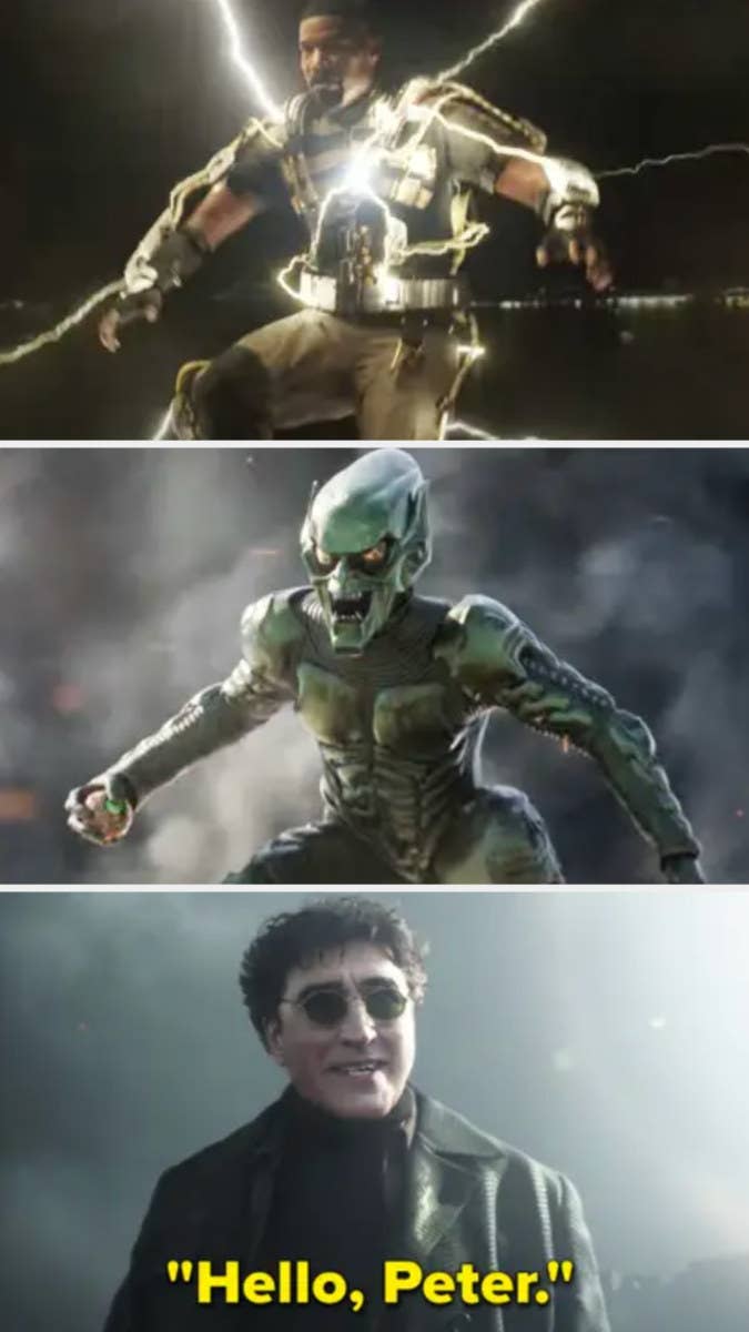 Electro being charged, the Green Goblin sailing in, and Doc Ock saying &quot;Hello Peter&quot;