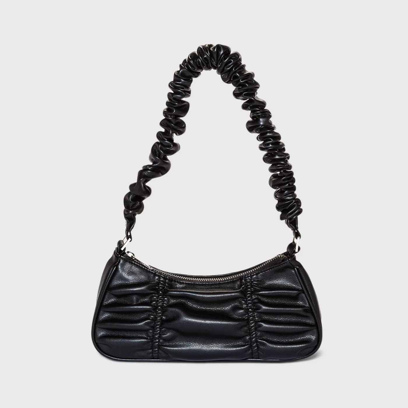 the black purse with pleated detail, silver zipper