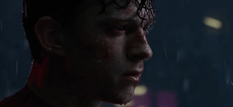A sad Peter standing in the rain in &quot;Spider-Man: No Way Home&quot;