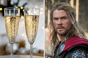 champagne glasses on the left and thor on the right