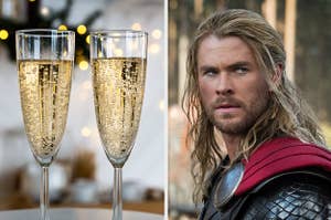 champagne glasses on the left and thor on the right