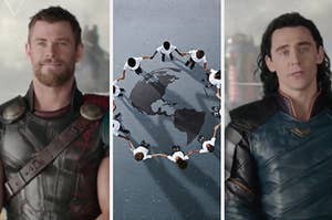 A close up of Thor as he smiles, several people hold hands around a drawing of a globe, and a close up of Loki as he's mid sentence