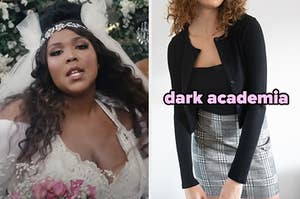 On the left, Lizzo wearing a wedding dress and veil in the Truth Hurts music video, and on the right, someone wearing a patterned mini skirt and a shirt and cardigan labeled dark academia