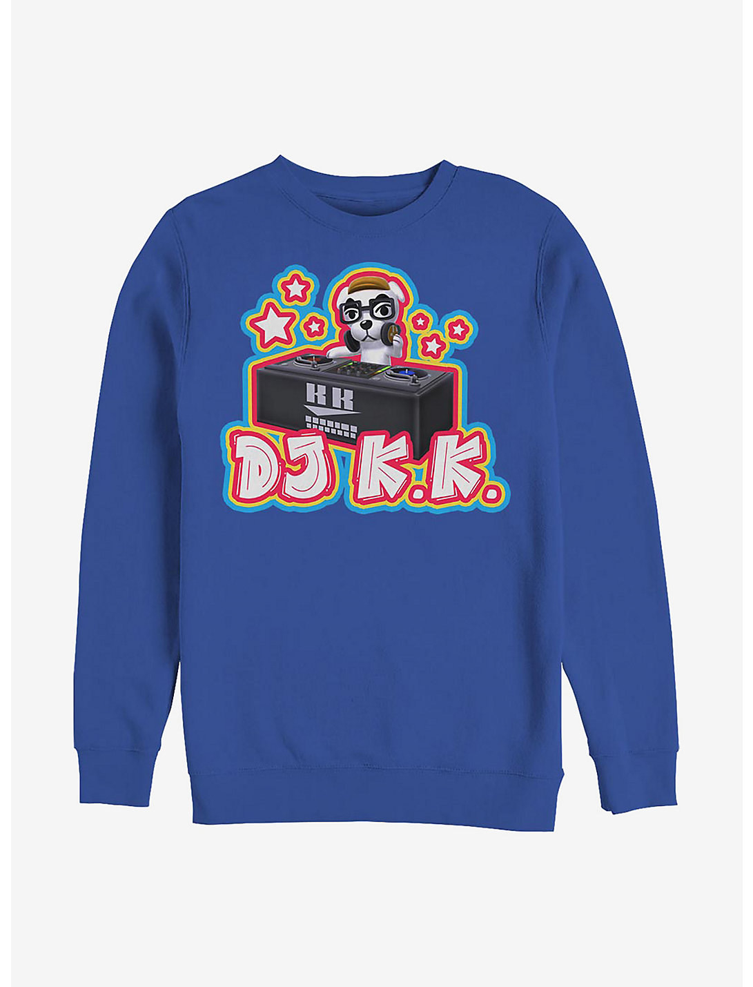 a blue sweatshirt with dj kk slider on the front