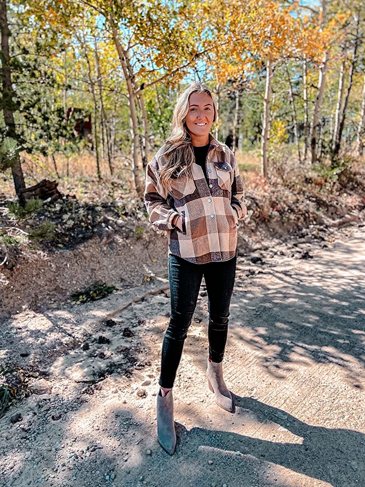 Reviewer wearing the tan and brownish  plaid shacket