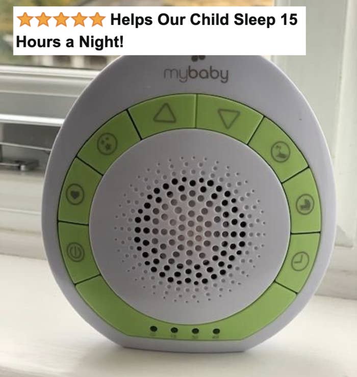 reviewer&#x27;s photo of the white noise machine with five-star caption &quot;helps our child sleep 15 hours a night&quot;