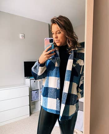 another reviewer wearing the blue and white plaid shacket