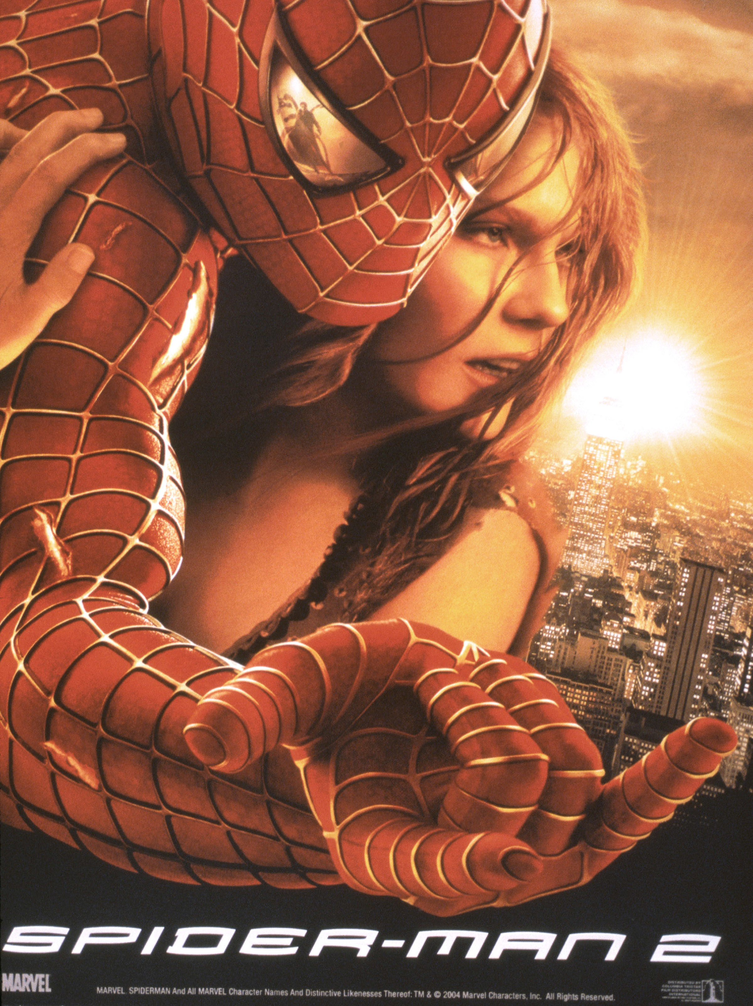 The poster for Spider-Man 2, with Spidey embracing Mary Jane