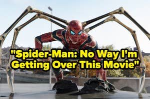 Spider-Man on top of a car with text reading, " Spider-Man: No Way I'm Getting Over This Movie"