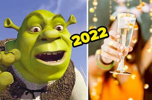 shrek on the left and a girl holding up a glass of champagne on the right