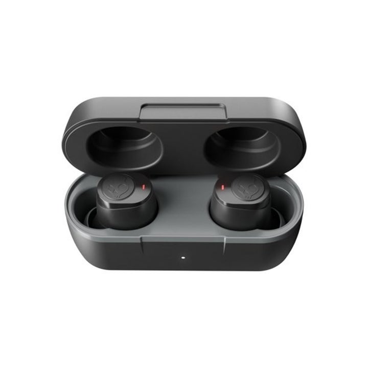 Black charging case with Bluetooth earbuds inside