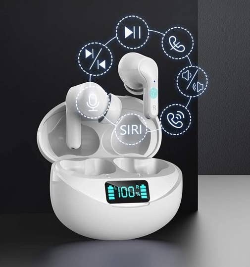 White wireless earbuds outside of charging case with display screen