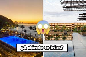 La mitad izquierda tiene una foto de Río de Janeiro y la mitad derecha tiene una foto de Los Cabos