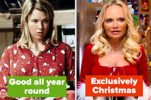 Woman in red Christmas pyjamas captioned "Good all year round" next to another woman dressed as Mrs clause captioned "Exclusively Christmas".
