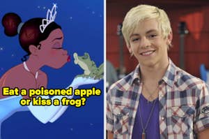 Tiana is on the left kissing a frog labeled, "Eat a poison apple  or kiss a frog?" with Austin Moon on the right