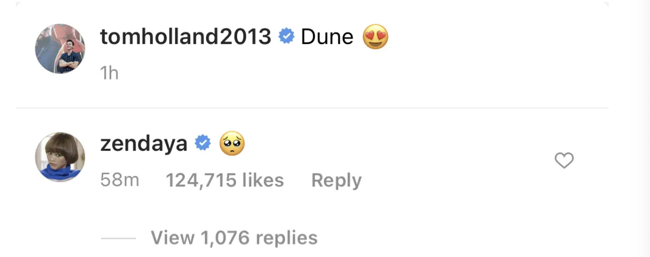 Tom Holland and Zendaya flirting in the comment section of his IG