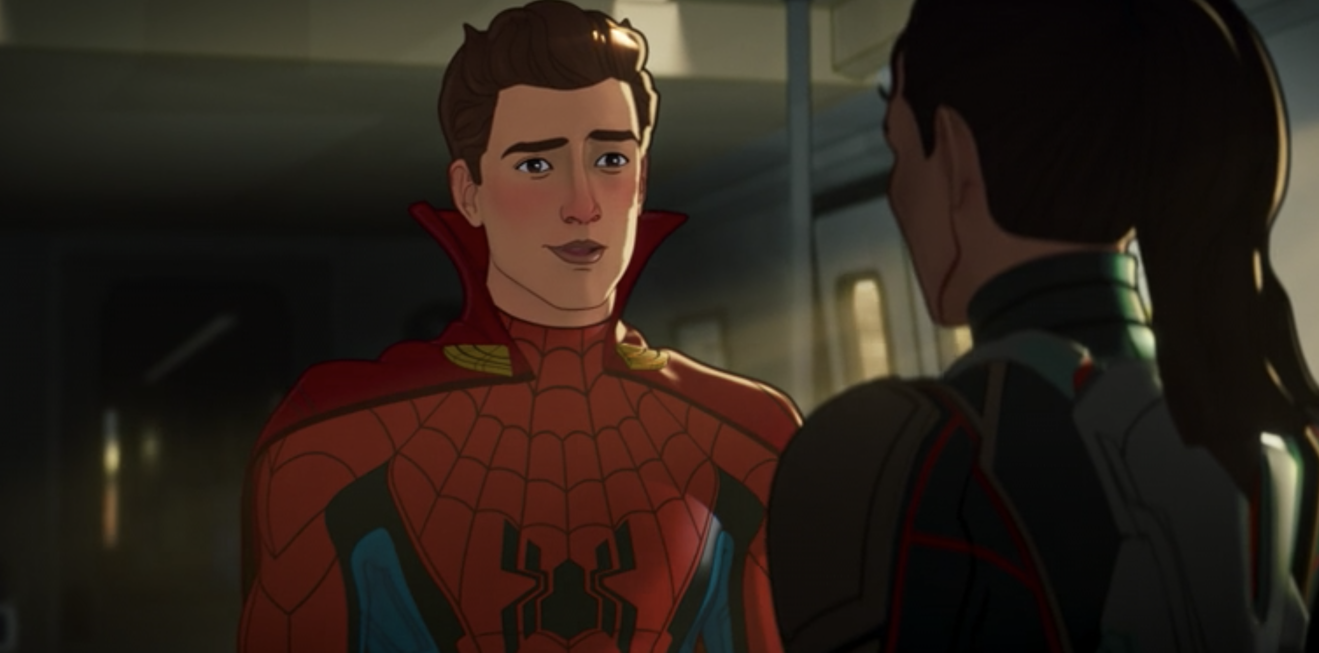 An animated Spider-Man wearing Doctor Strange&#x27;s cape while speaking to another character