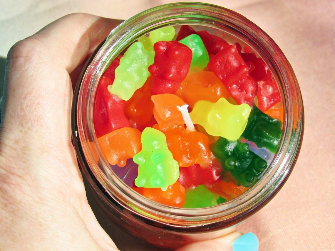 clear jar filled with wax gummy bears