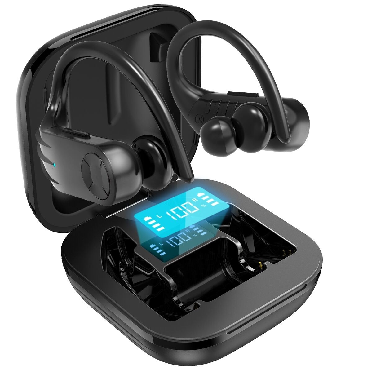 Black wireless earbuds outside of charging case with display screen