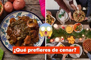 La mitad izquierda tiene un plato de romeritos con camarón y la mitad derecha tiene una mesa llena de una variedad de platillos 