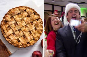 On the left, an apple pie, and on the right, Meredith and Michael from The Office wearing festive Christmas attire smiling and taking a picture together with a digital camera