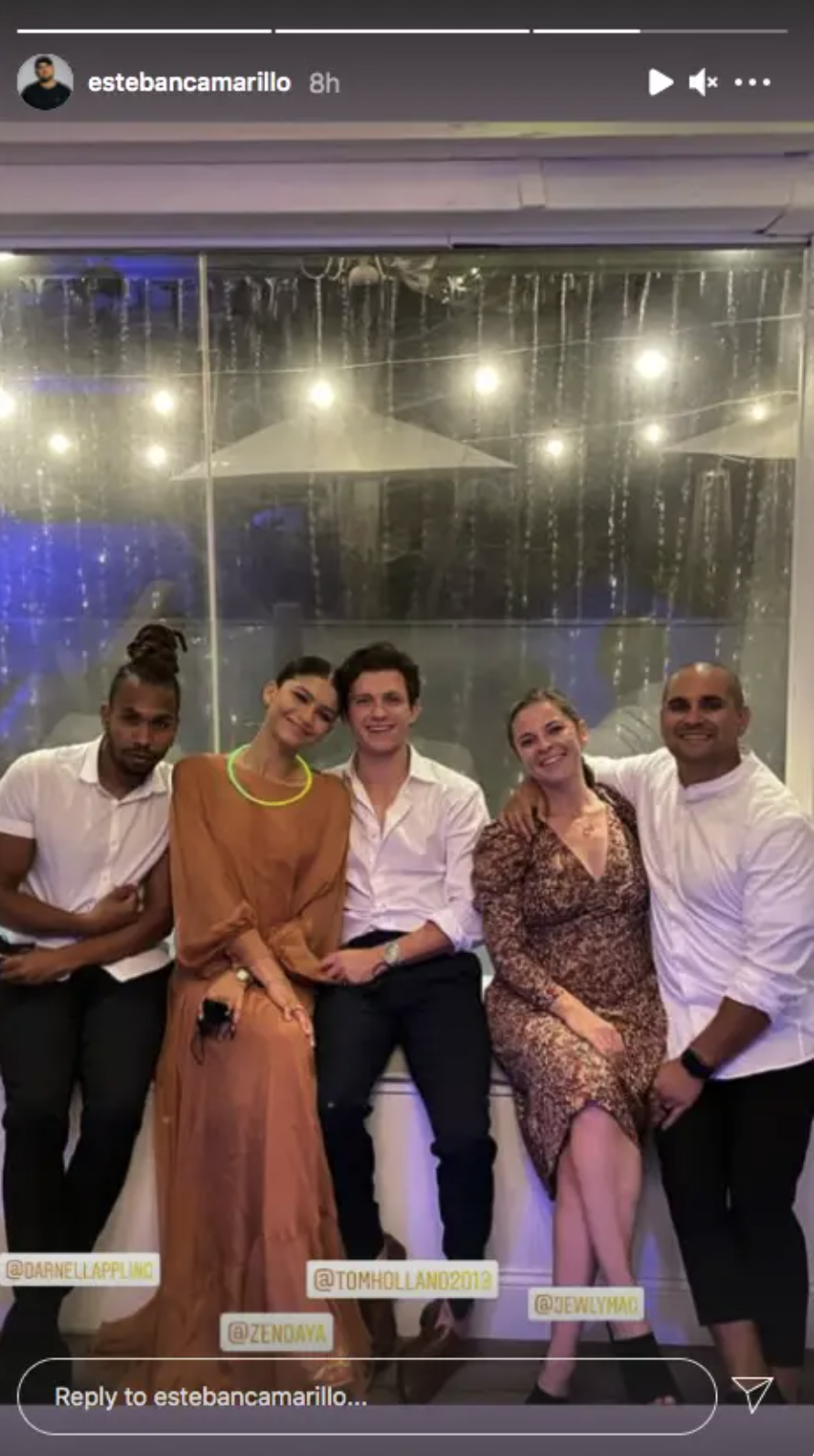 Zendaya and Tom Holland posing with friends for a photo