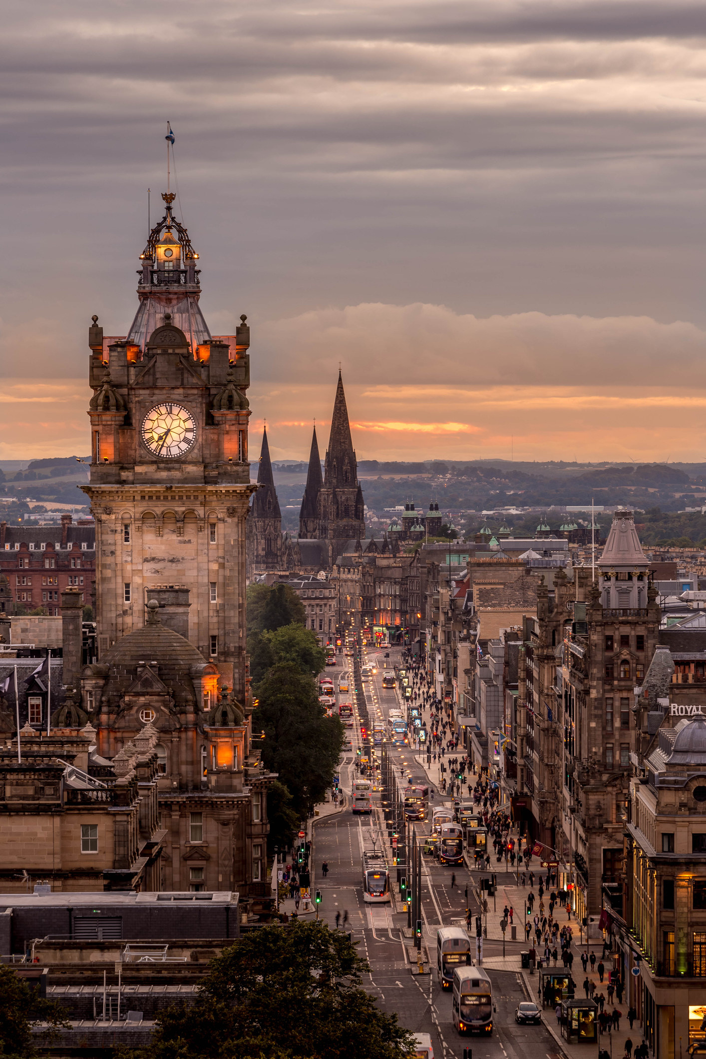 Royal Mile and clock tower under sunset