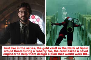 Left: A closeup of the professor; Right: One of the Money Heist characters swimming through the flooded gold vault in the Bank of Spain