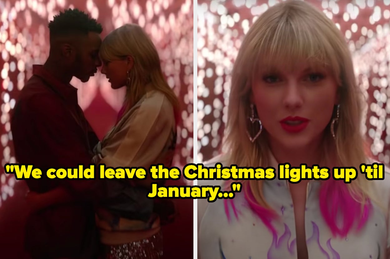Taylor Swift in the Lover music video labeled We could leave the Christmas lights up 'til January