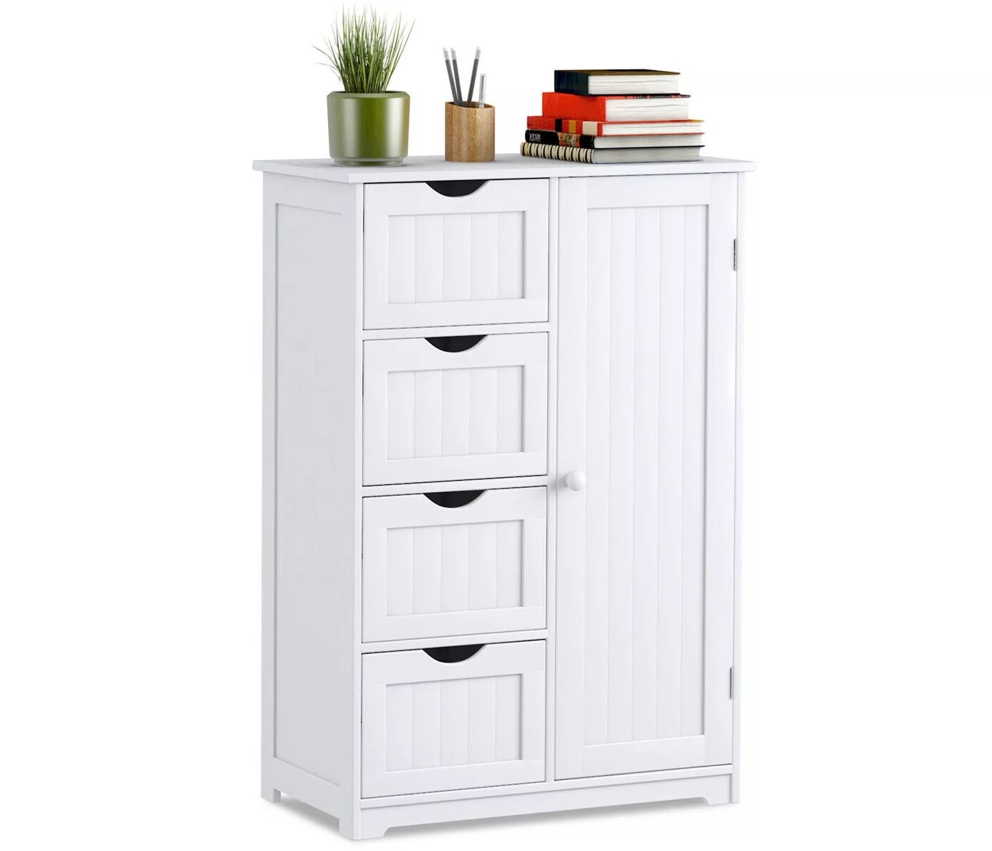 The white cabinet with four drawers and one cupboard
