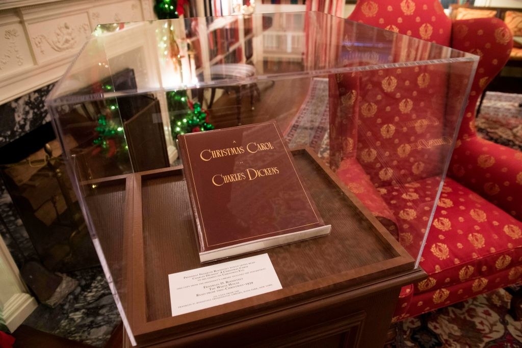 A copy of Charles Dickens&#x27; &quot;A Christmas Carol,&quot; belonging to former US President Franklin D. Roosevelt, is seen during a preview of holiday decorations in the Library of the White House in Washington, DC