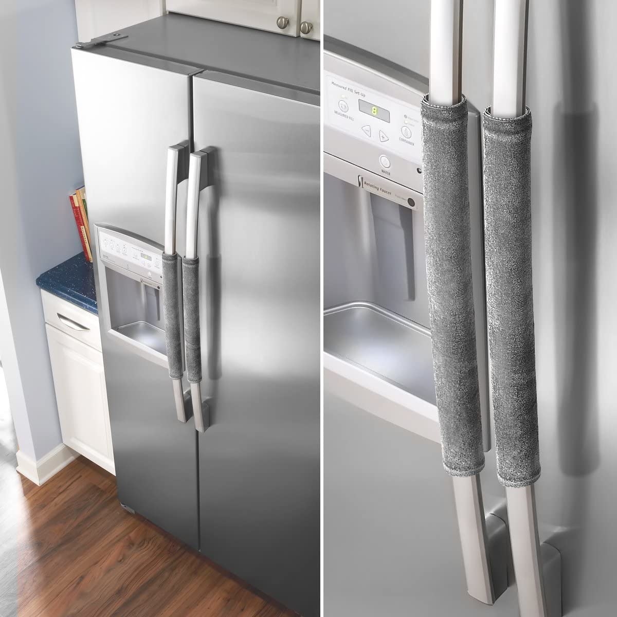 The handle covers on a fridge door