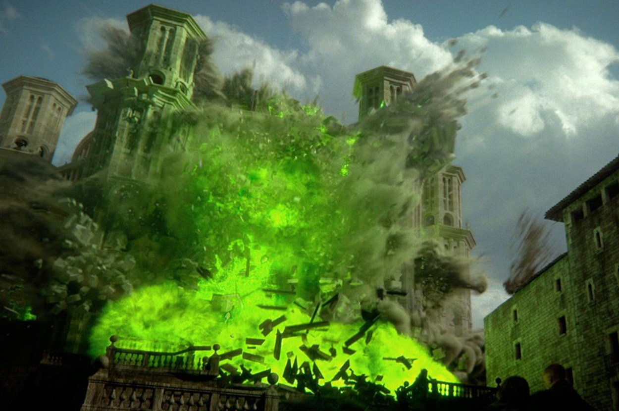 Image shows a castle exploding with bright green gas