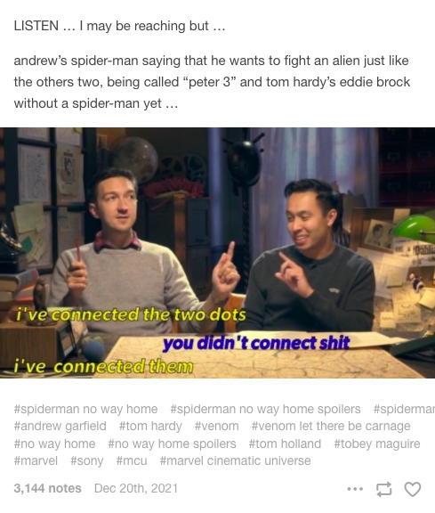 I may be reaching, but Andrew&#x27;s Spider-Man saying he wants to fight an alien and being called Peter 3, and Tom Hardy&#x27;s Eddie Brock without a spider-man yet.. I&#x27;ve connected the dots