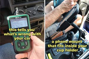 a car diagnostic and a phone mount for a cup holder