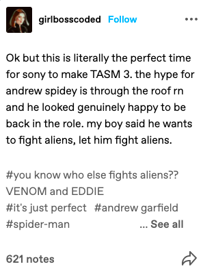 Ok but this is literally the perfect time for sony to make TASM 3, the hype for andrew spidey is through the roof rn and he looked genuinely happy to be back in the role, my boy said he wants to fight aliens, let him fight aliens