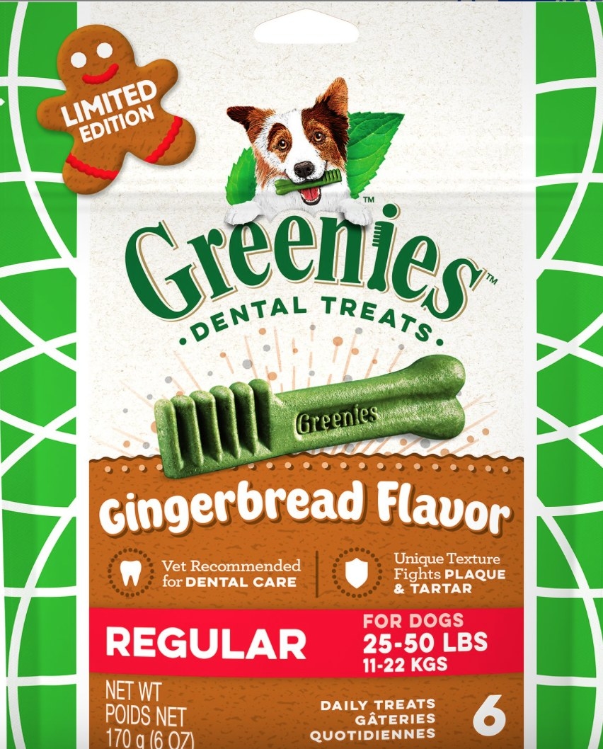 A bag of green, red and brown dental chews for your dog
