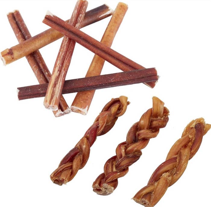 Six brown bully sticks and three braided ones