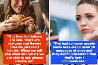 Woman eating a burger with someone vs a woman looking at her phone outdoors