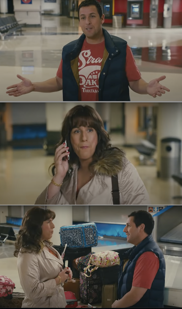 Adam Sandler dressed as himself and as a woman in the movie